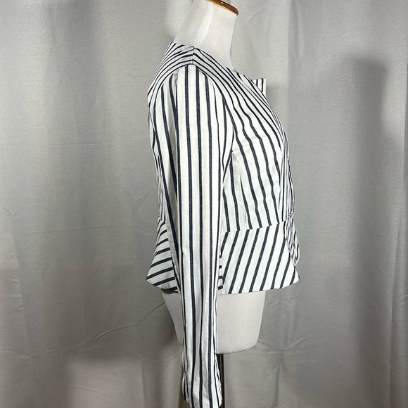 LOFT  black and White Striped Blazer light denim peplum cut - Picture 3 of 5